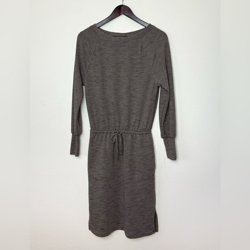 PrAna Sunrise Dress XS Taupe Heathered Sweatshirt Cinched Waist Dress Long Sleev